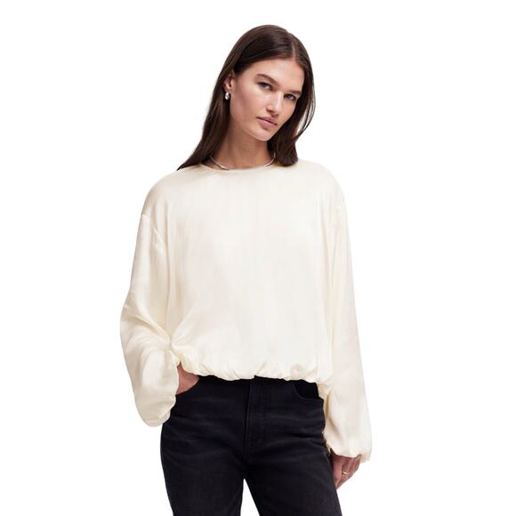 Madewell Cream Satin Bubble Hem Blouse Size 0 Jewel Neck NWT - Picture 1 of 9